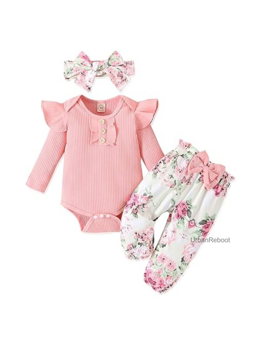 Cotton Blend Ruffle Romper Pants Headband Baby Girl Set